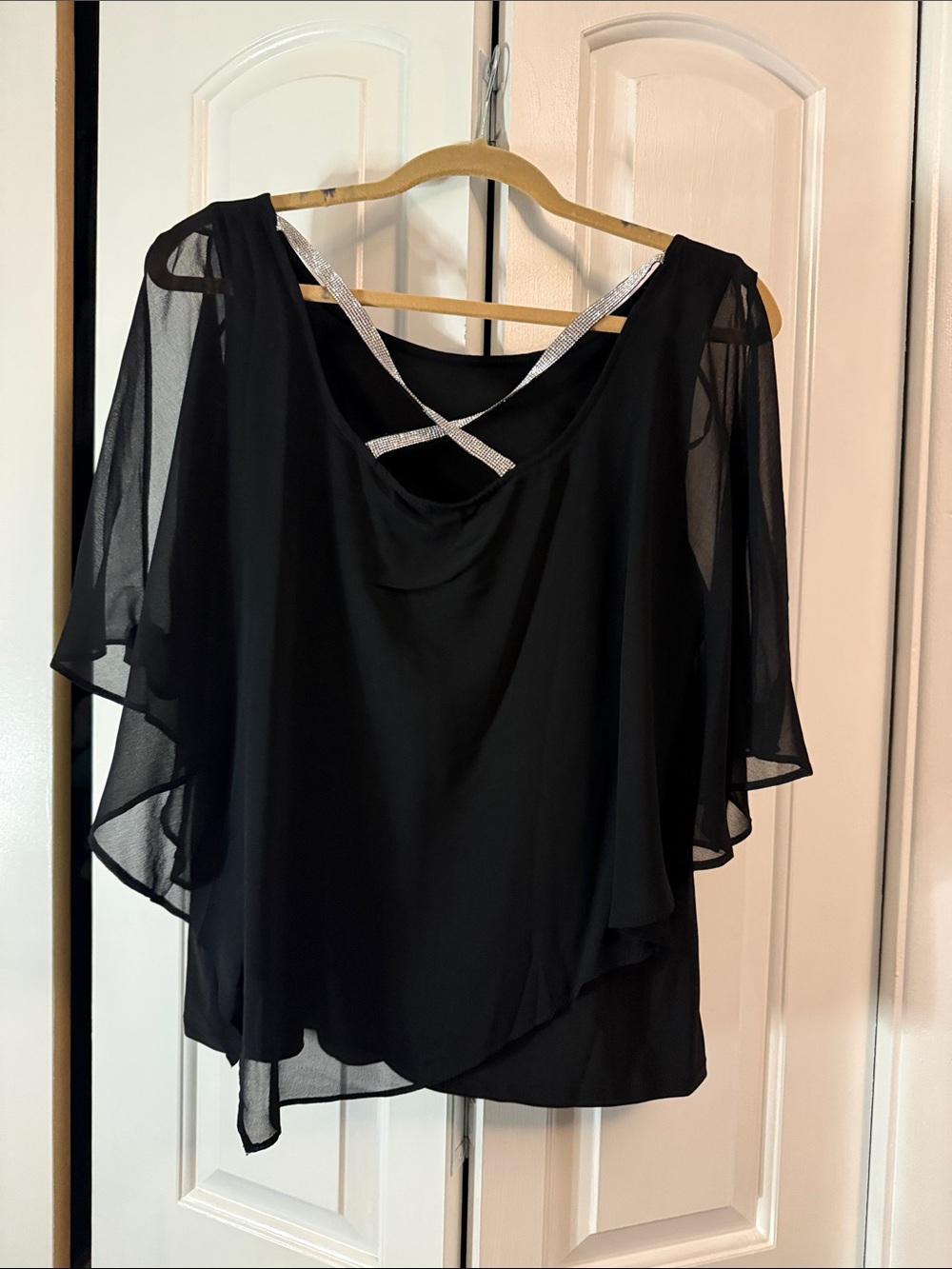 Versona Black Draped Flutter Sleeve Top with Silver Strap